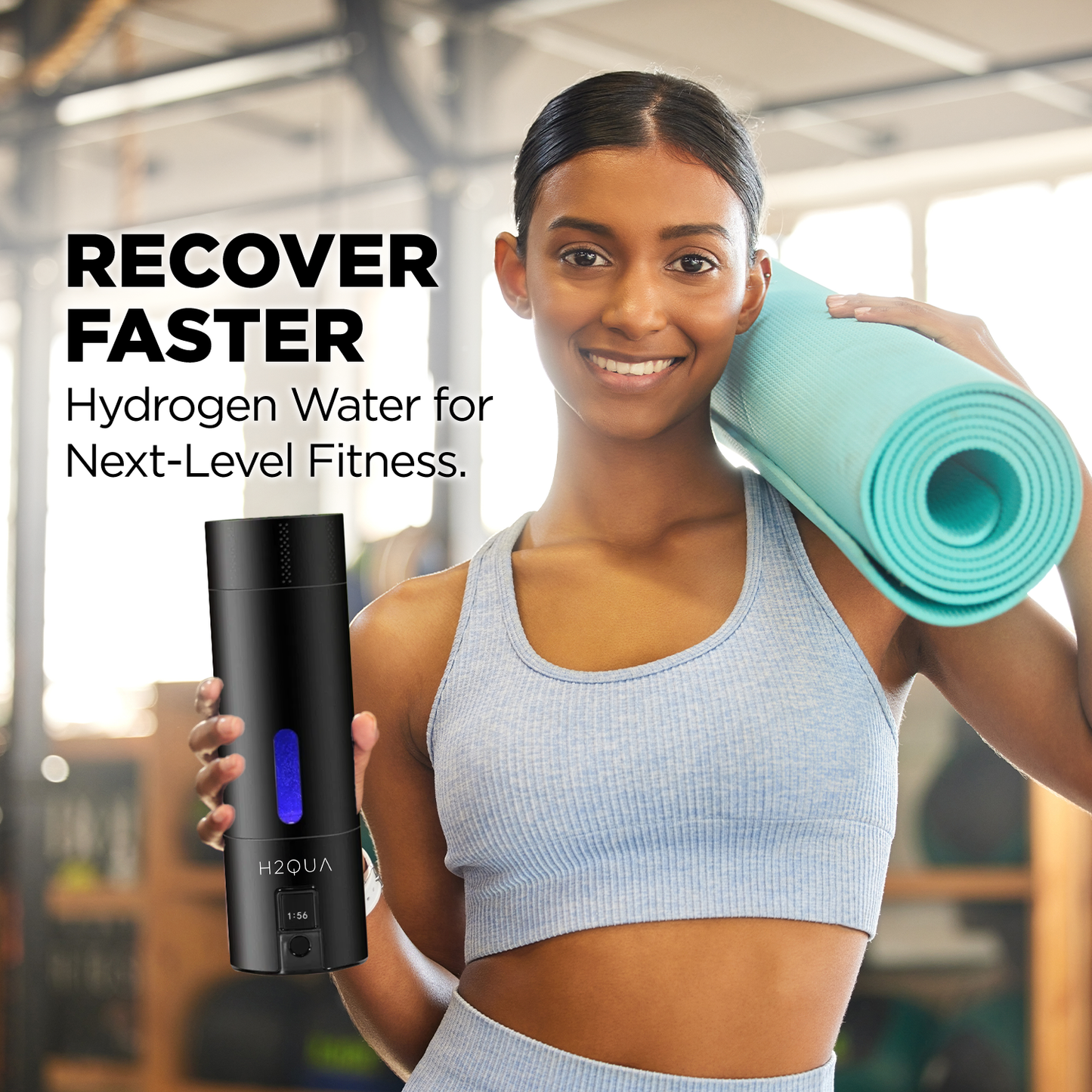 Woman holding H2QUA Hydrogen Water Bottle and yoga mat with text about hydrogen water for fitness recovery.