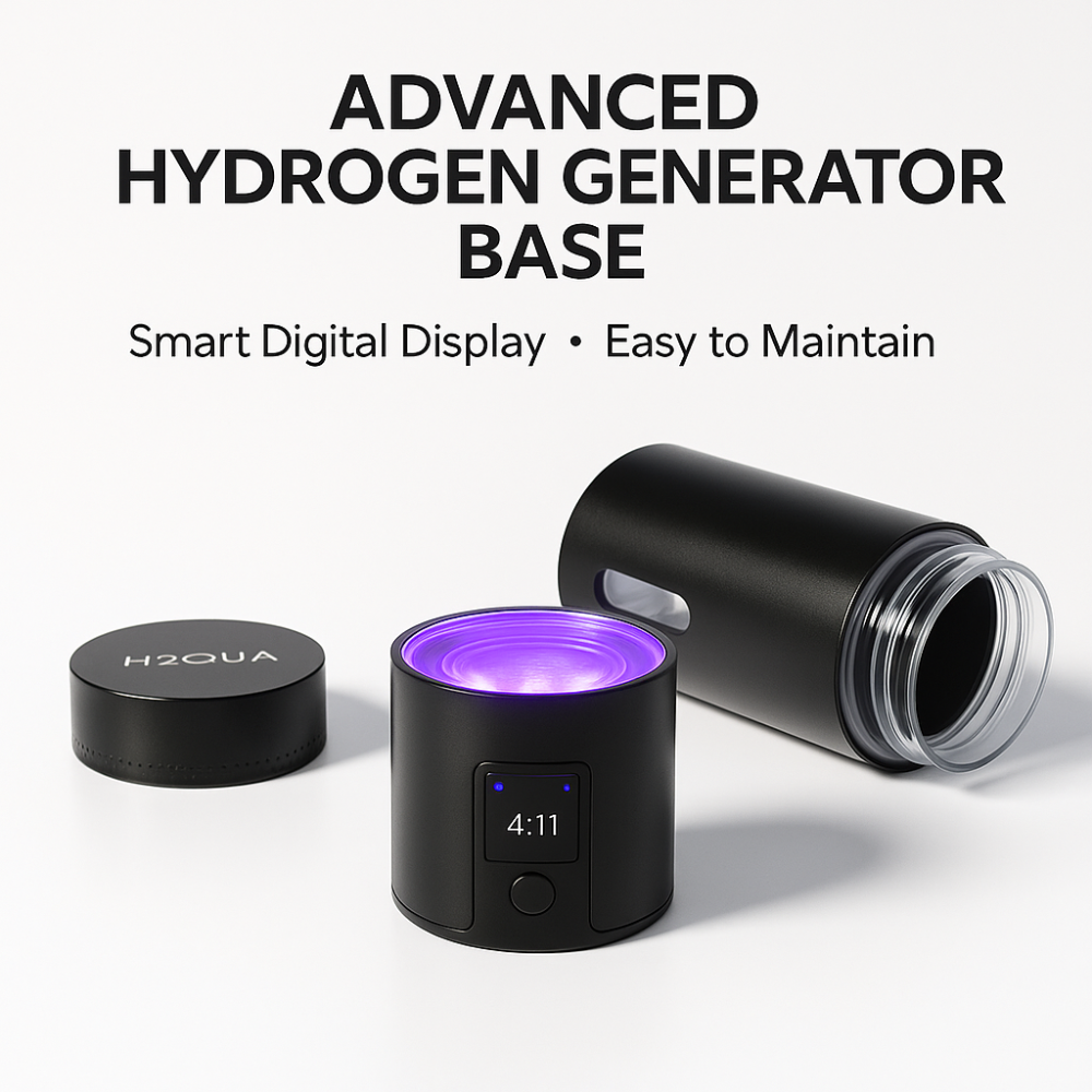 Advanced hydrogen generator base of H2QUA Hydrogen Water Bottle with smart digital display on a white background