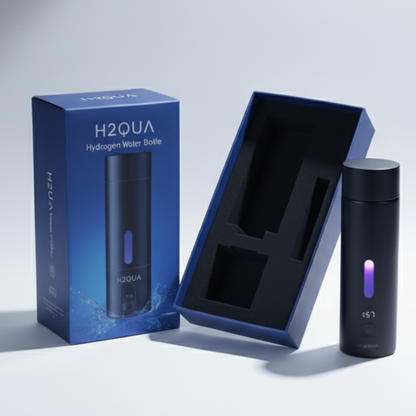 Black Premium H2QUA hydrogen water bottle with packaging on a light gray background