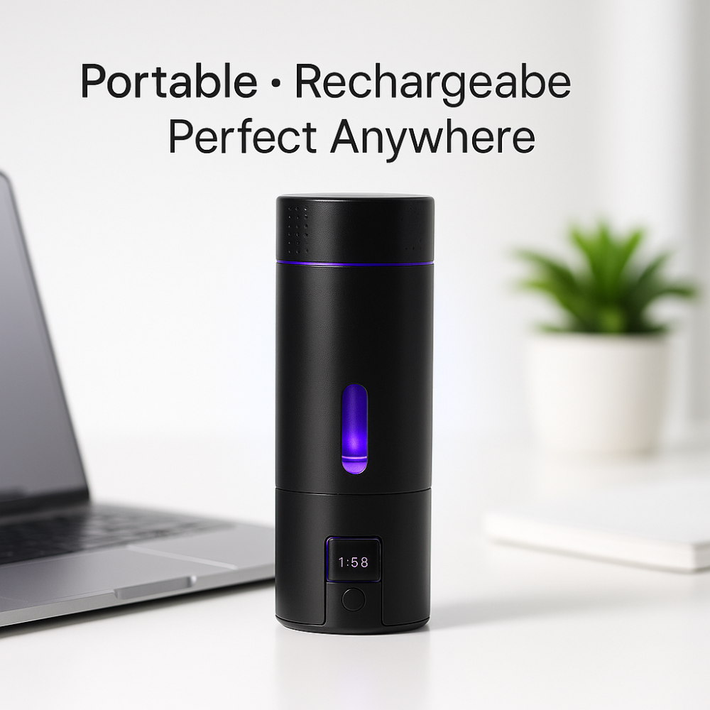 Black H2QUA Hydrogen Water Bottle with a purple light on a desk next to a laptop, with text featuring 'Portable' 'Rechargeable'  'Perfect Anywhere'.