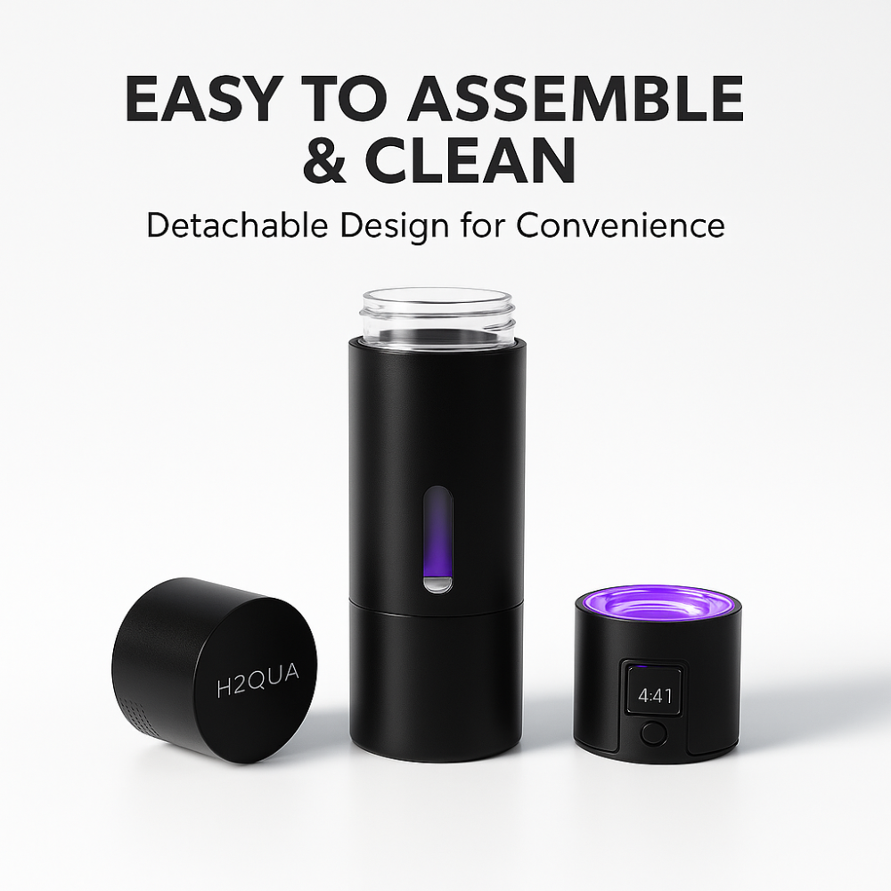 H2QUA Hydrogen Water Bottle with detachable parts on a white background, featuring text about assembly and cleaning.
