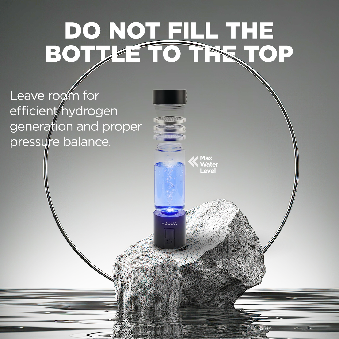 Hydrogen Water Bottle with blue liquid on a rock, surrounded by water, with text advising not to fill the bottle to the top.