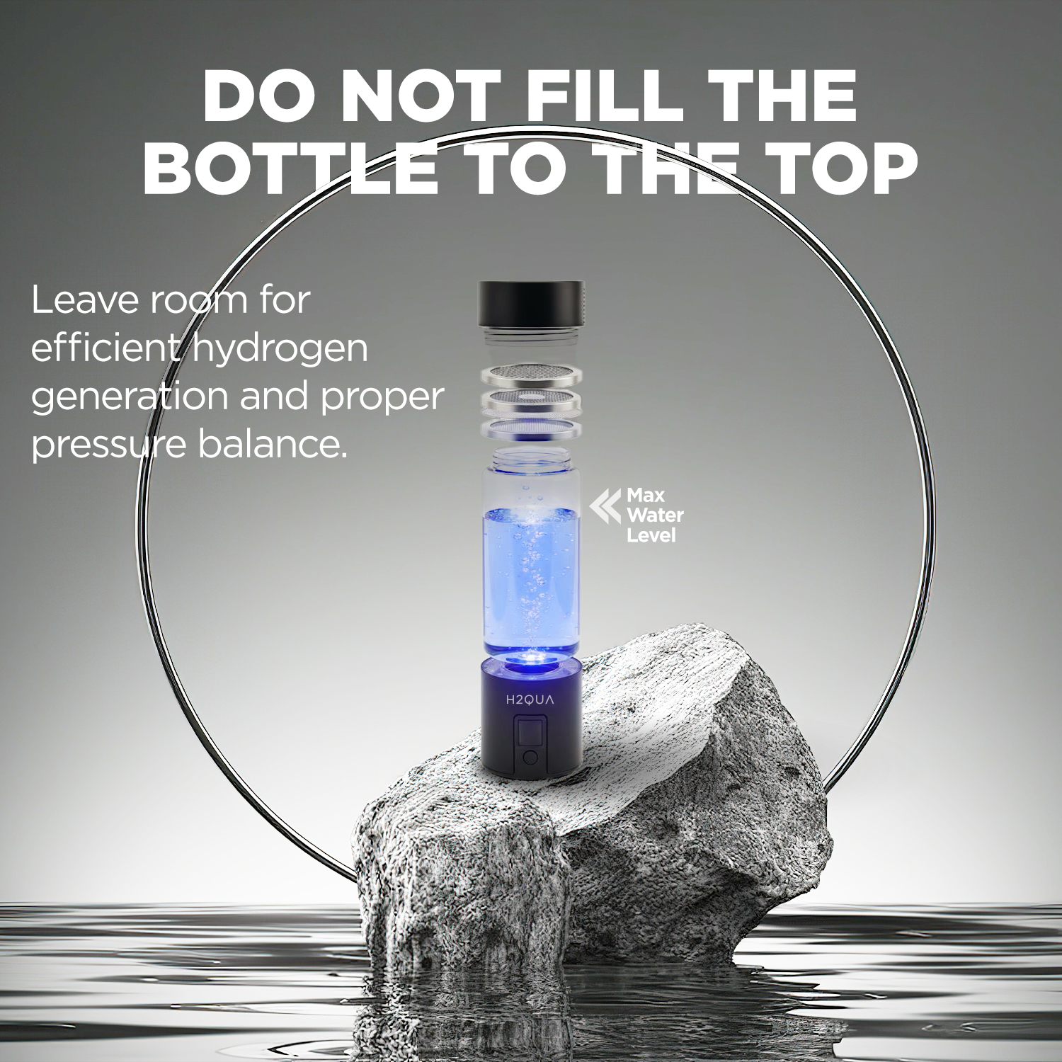 Hydrogen Water Bottle with blue liquid on a rock, surrounded by water, with text advising not to fill the bottle to the top.