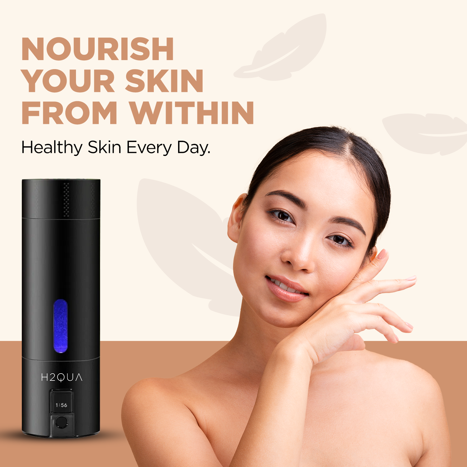 Woman with smooth skin next to a black H2QUA Hydrogen Water Bottle with text 'Nourish Your Skin From Within'.