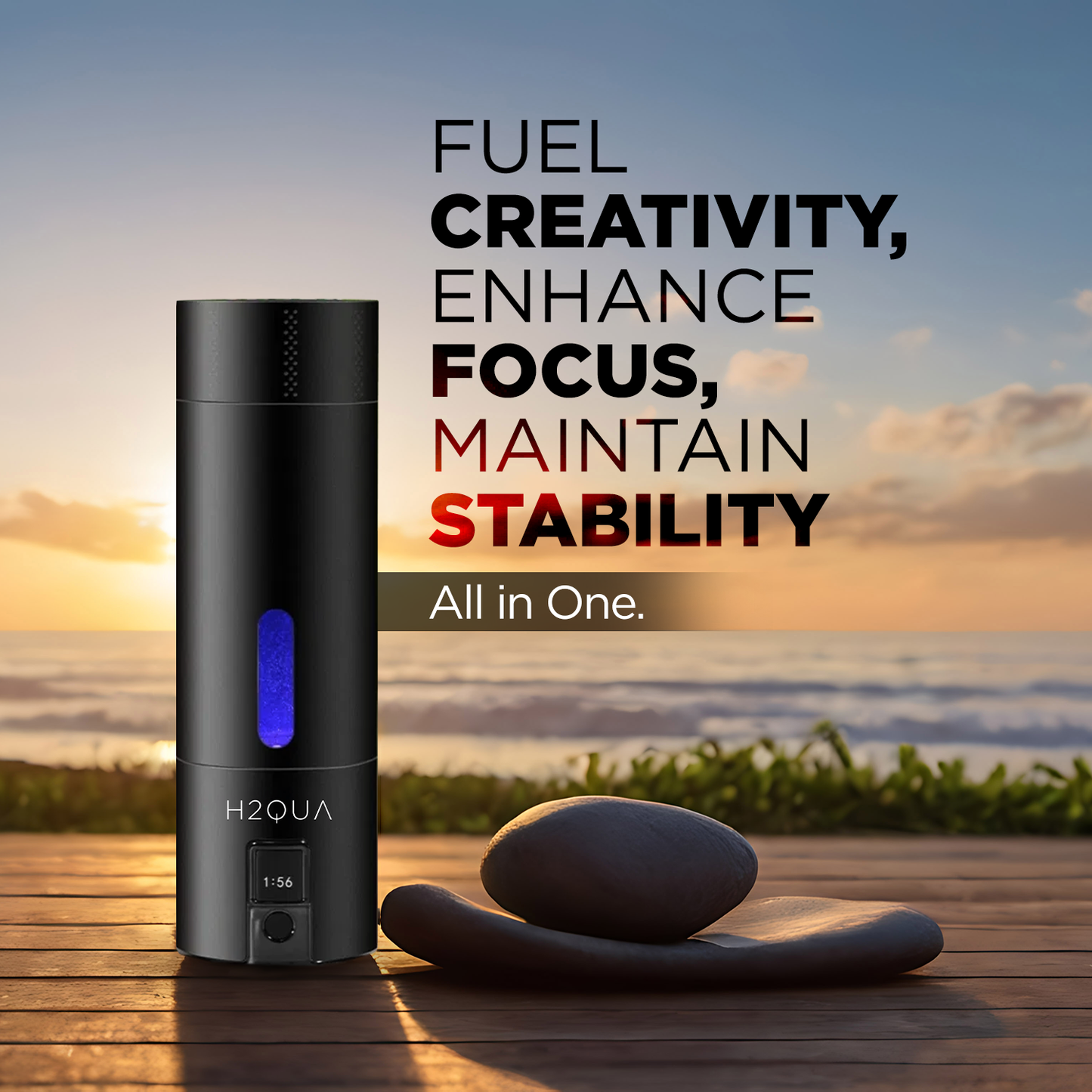 H2QUA Hydrogen Water Bottle with text about enhancing focus and stability, set against a scenic background.