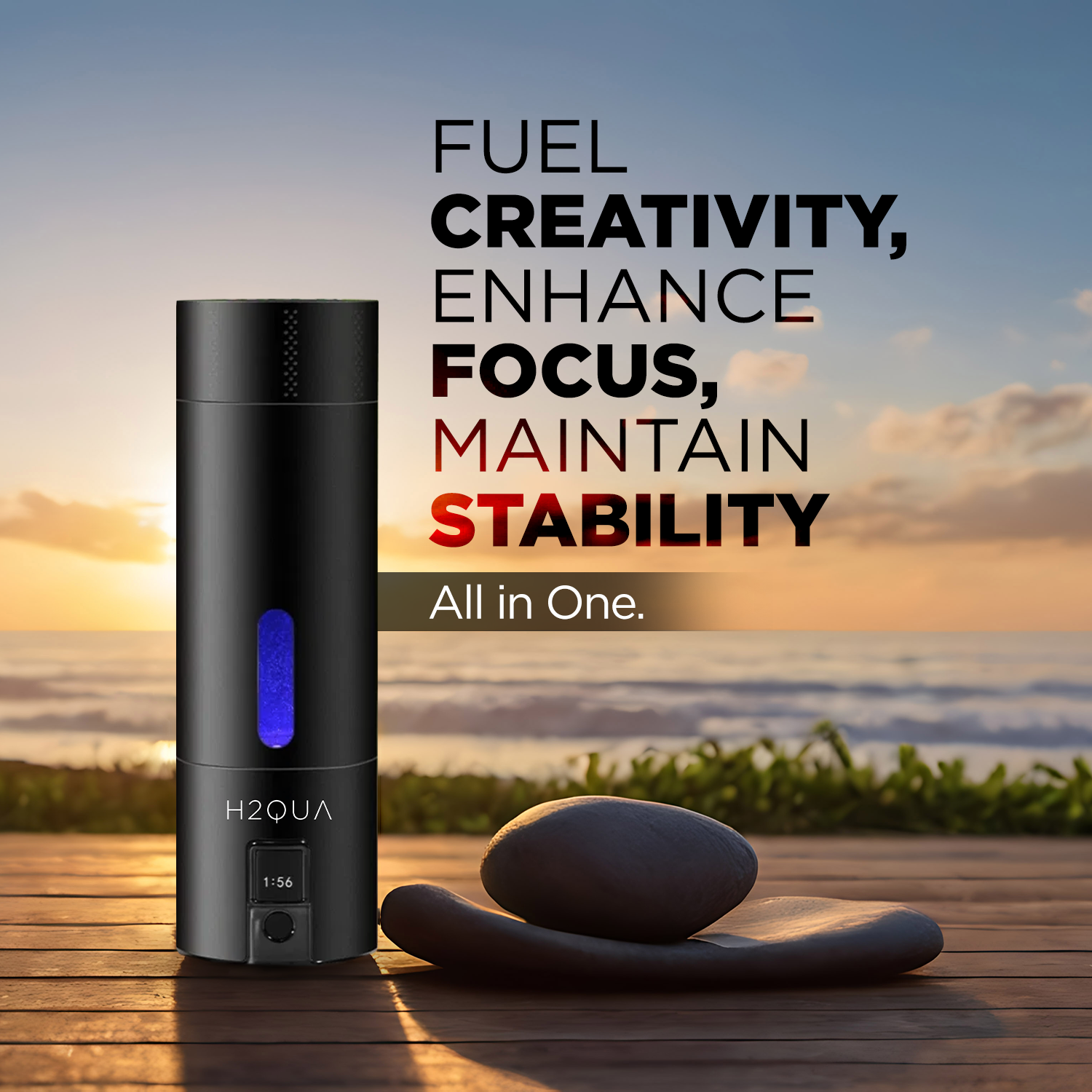 H2QUA Hydrogen Water Bottle with text about enhancing focus and stability, set against a scenic background.
